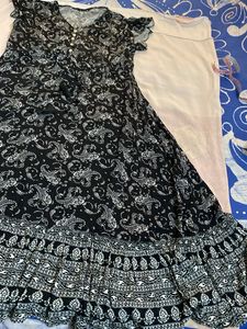 V Neck Puff Slv Black&amp;white Prntd Crepe Dress