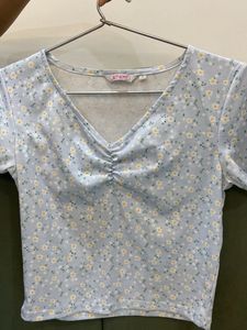 Light Blue Floral Ribbed Crop Top