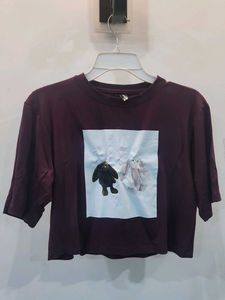 Burgundy Crop Top with Bunny Graphic