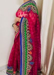 Magenta Saree with Intricate Gold & Blue Embroider