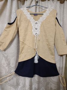 Cream And Blue Off Shoulder Top.