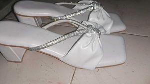 White Rhinestone Bow Heel Sandals