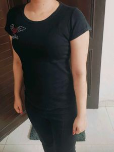 Women Black Cotton Embellished Logo Casual Tshirt