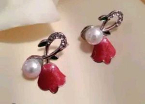 Pearl &amp; Red Tulip Stud Earrings