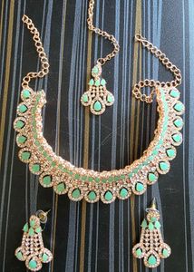 Gold Plated, Silver & Green Studded Jewel Set