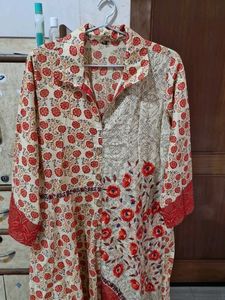 Coral Red, And Beige Colour Cotton Dress Gown