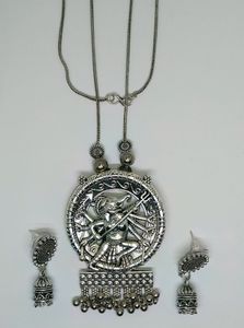 SILVER OXIDIZED NECKLACE CHAIN SET WITH JHUMKI.