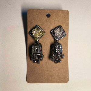 Silver Jhumka Earrings with Rose Detail