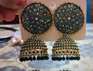 Emerald Green And Pink Jhumka Earrings