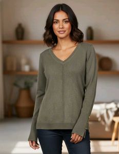 Imported Olive Green V-Neck Sweater
