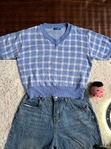 Blue Plaid Knit Top