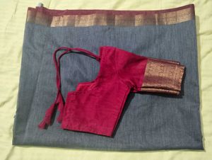 Grey Linen Mix Saree With Stiched Blouse