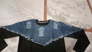 Distressed Denim &amp; Black T-Shirt