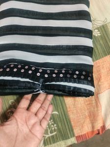 Black &amp; White Striped  Sequined Border Saree