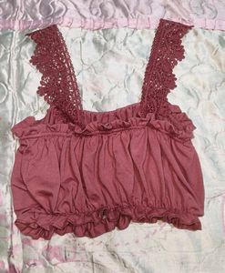 Burgundy Lace Trim Crop Top