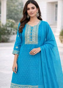 Teal Embroidered handwork dress material