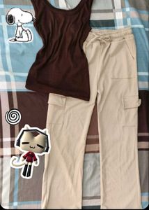 Y2k Brown Tank & Khaki Cargo Pants Set