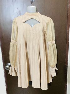 Beige Pleated Cutout Blouse