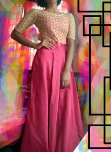 Maroon Satine Long Gown With Golden Net.