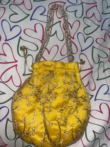 Hand-Embroidered Yellow Silk Brand New Potli Bag