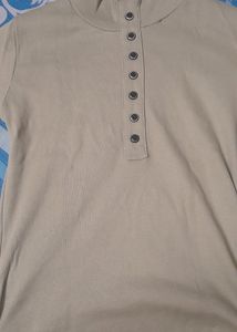 Beige Ribbed Button-Up Top