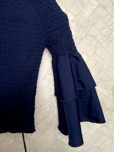 Navy Smocked Off-Shoulder Bell Sleeve Top