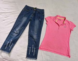 Pink Shirt And Ripped  Soft Jeans