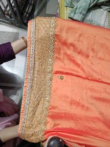 Peach Saree with Gold &amp; Blue Embroidery