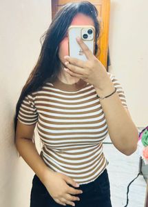 Brown & White Striped Fitted Ribbed Top