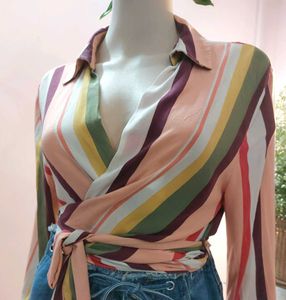 Thrifted Striped Wrap Top