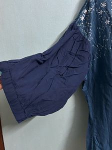 Navy Blue Cotton Embroidered Top