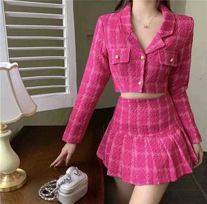Chic Pink Skirt Set Plaid Korean Aesthetic
