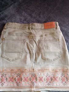 Olive Green Embroidered Denim Skirt