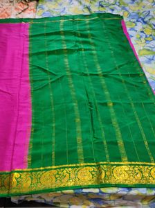 Pink &amp; Green Pure Crepe Silk Saree