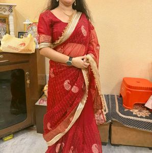 Red Saree zari border with sequence work