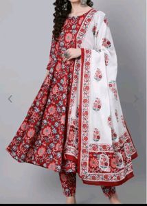 Red Printed Kurta With Trouser &amp; Dupatta