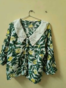 Floral Blouse with Eyelet Collar