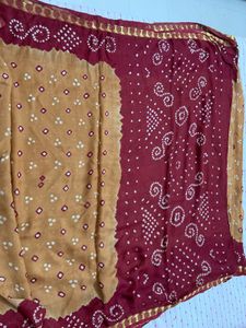 Golden Brown &amp; Maroon Bandhani Saree