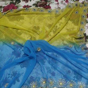 Original Georgette Blue &amp; Yellow Sari