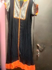 Long Kurti Orange And Black With GOlden Patch Work