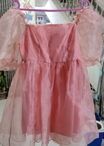 Pink Organza Puff Sleeve Dress