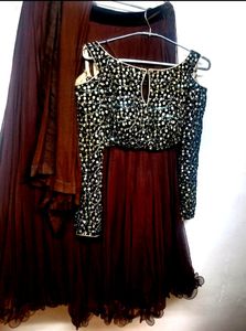 Maroon &amp; Gold Embroidered Cold Shoulder Gown