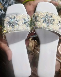 White Beaded Flower Slides