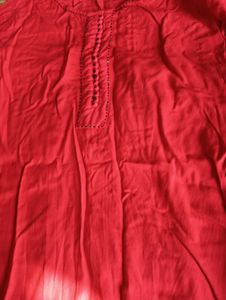 Red Embroidered Kurta with brown paint