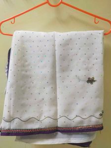 White Saree With Contrast  💜 Border And Blouse