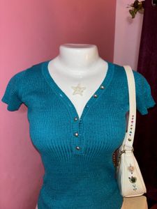 🌀y2k teal glittery fitted top 🌀