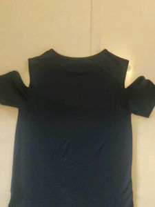 Navy Blue Cold-Shoulder T-Shirt with &#34;TRAIN&#34; Print