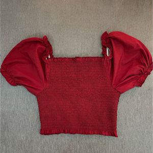 Red Smocked Puff Sleeve Top