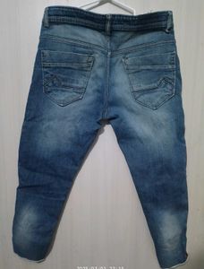Distressed Jeans with Red and White Stripe