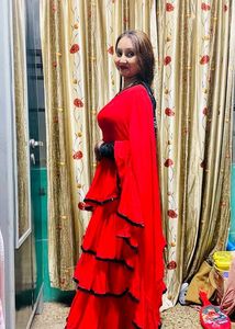 Readymade Red Ruffle Saree with Black Shiny Border